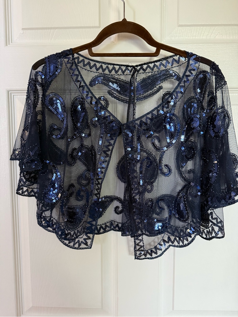 Navy Sequin Mesh Capelet Top - Unbranded